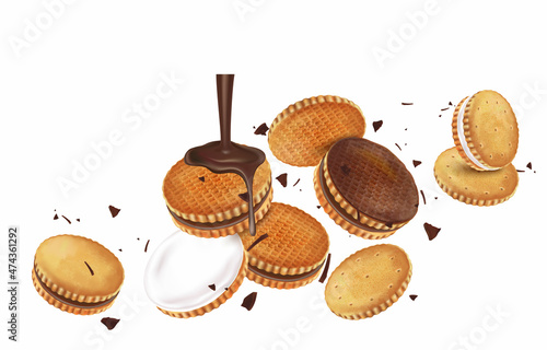 Chocolate biscuit cookies with Packaging flying in the middle isolated on white background. Vector realistic in 3d illustration.