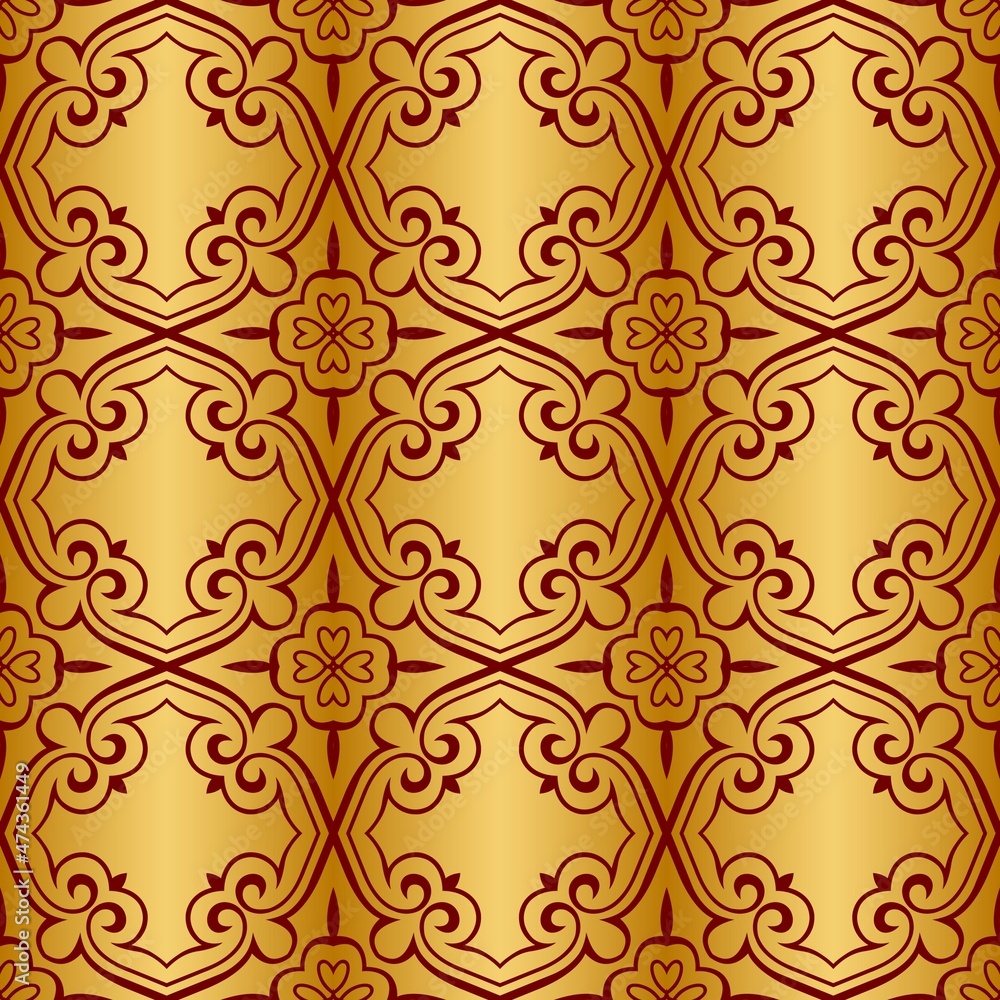 Red gold seamless pattern with regular embellishments..Background like luxury wrapping paper..Design for printing paper as a gold background. Red gold seamless pattern with regular embellishments..Background like luxury wrapping paper..Design for printing paper as a gold background.