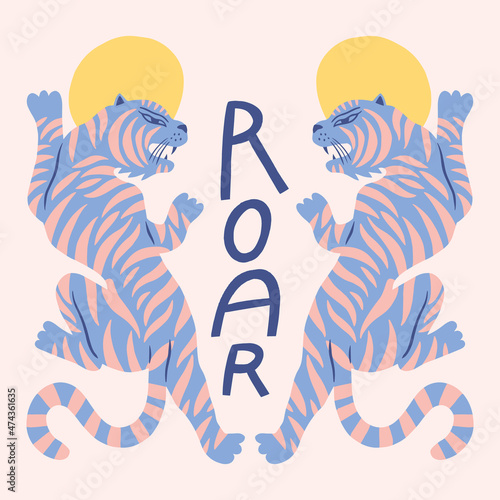 Asian tigers wild animals childish cartoon boho illustration naive funky handdrawn style art vector