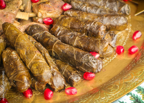 Dolmas (Stuffed Grape Leaves) and lamb meat. middle east cuisine