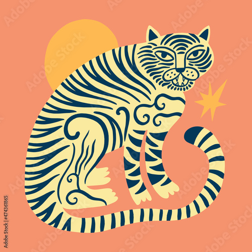 Asian tiger wild animal childish cartoon boho illustration naive funky handdrawn style art vector