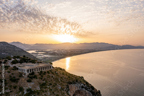 Vista aerea del tempio di Giove Anxur a Terracina. Un Paesaggio bellissimo in riva al mare. Una costruzione dell’antica Roma
 photo