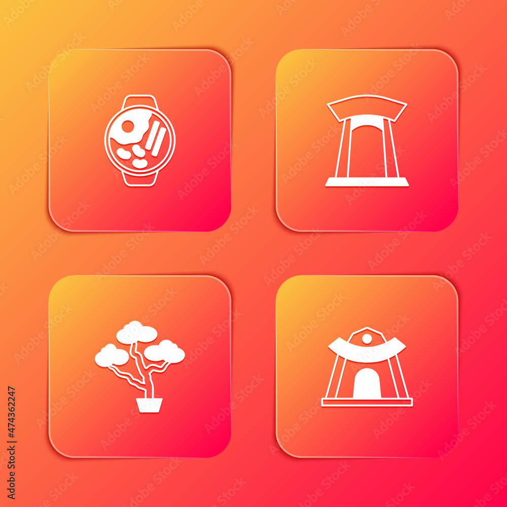 Set Ramen, Korean gate, Bonsai tree and temple icon. Vector Set Ramen, Korean gate, Bonsai tree and temple icon. Vector