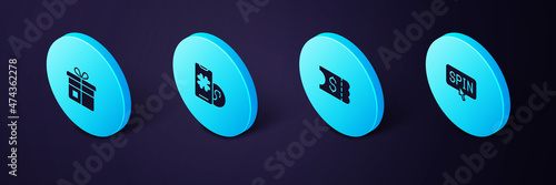 Set Isometric Slot machine spin button, Lottery ticket, Online poker table game and Gift box icon. Vector