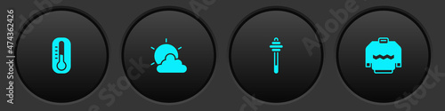 Set Thermometer, Sun and cloud weather, Honey dipper stick and Sweater icon. Vector