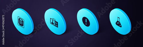 Set Isometric Test tube, Speech bubble and Exclamation, Identification badge and Certificate template icon. Vector
