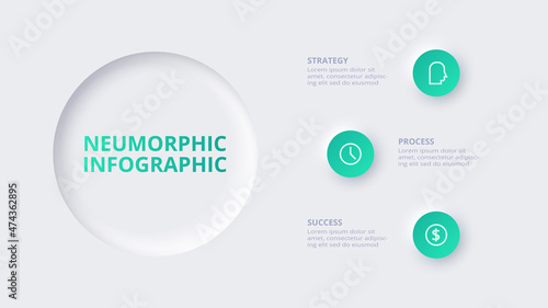 Neumorphic flowchart infographic. Creative concept for infographic with 3 steps, options, parts or processes.