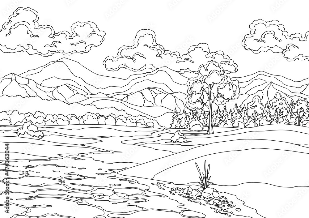 Landscape with river flowing through hills, scenic fields, forest and mountains. Beautiful scene with river bank shore, reed cane,green hill, tree and clouds. Coloring style illustration