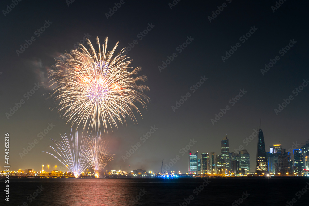 Fireworks in the Doha Corniche, Doha, Qatar.
