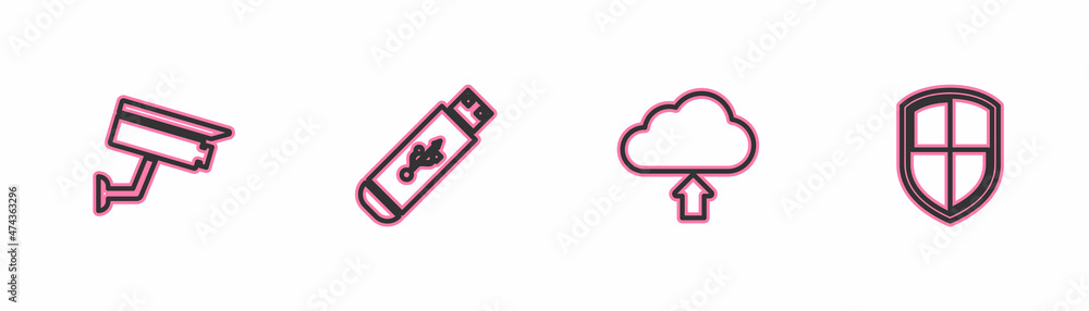 Set line Security camera, Cloud upload, USB flash drive and Shield icon. Vector Set line Security camera, Cloud upload, USB flash drive and Shield icon. Vector