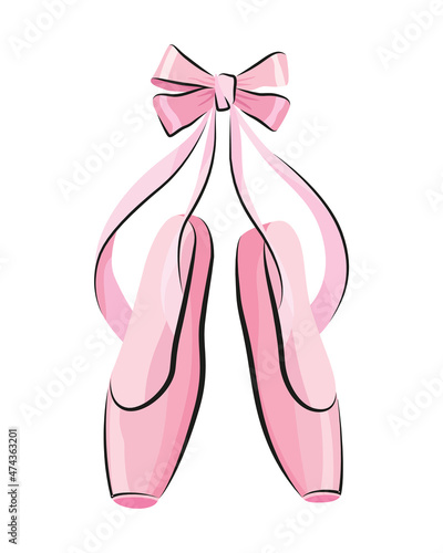 Ballet accessorie. Pink pair of pointe-shoes with satin or silk ribbon. Vector hand drawn sketch style object