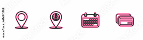 Set line Map pin, Calendar, Cash location and Credit card icon. Vector