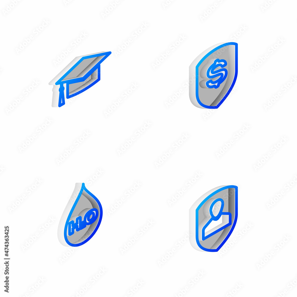 Set Isometric line Shield and dollar, Graduation cap, Water drop with H2O and User protection icon. Vector Set Isometric line Shield and dollar, Graduation cap, Water drop with H2O and User protection icon. Vector