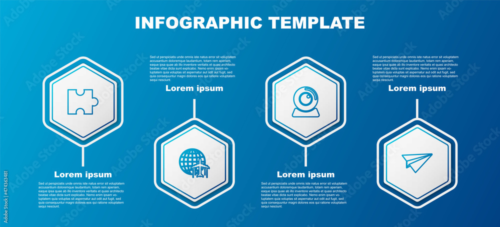 Set line Piece of puzzle, Globe with flying plane, Web camera and Paper. Business infographic template. Vector Set line Piece of puzzle, Globe with flying plane, Web camera and Paper. Business infographic template. Vector