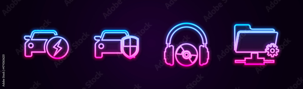Set line Electric car, Car protection or insurance, Headphones and CD DVD and FTP settings folder. Glowing neon icon. Vector Set line Electric car, Car protection or insurance, Headphones and CD DVD and FTP settings folder. Glowing neon icon. Vector