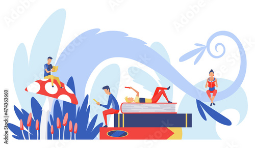 Read books concept. Young stylish male and female readers sitting on stack of giant books or beside it and reading. Literature fans or lovers. Colored vector illustration in contemporary style