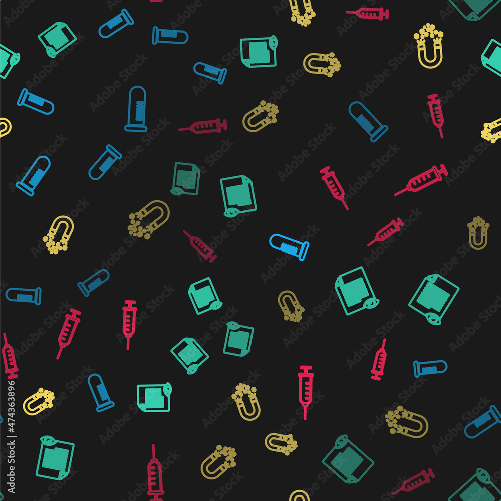Set line Test tube or flask, Paper page with eye, Magnet money and Syringe on seamless pattern. Vector Set line Test tube or flask, Paper page with eye, Magnet money and Syringe on seamless pattern. Vector