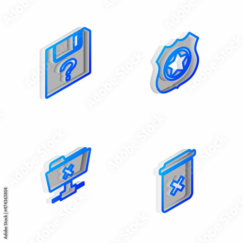Set Isometric line Police badge, Unknown document, FTP cancel operation and Trash icon. Vector
