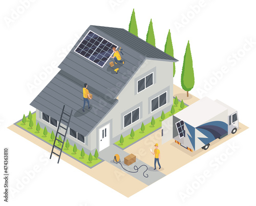 Solar cell installing. Team service working on installation solar cell on roof top. Smart home system. Ecology energy saving concept for free energy