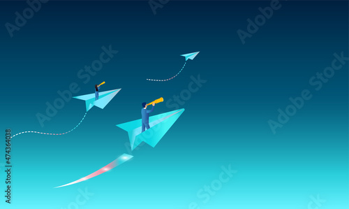 Vector of business leaders a man and a woman flying on paper planes searching for opportunities