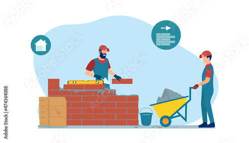 Vector of construction workers building a house