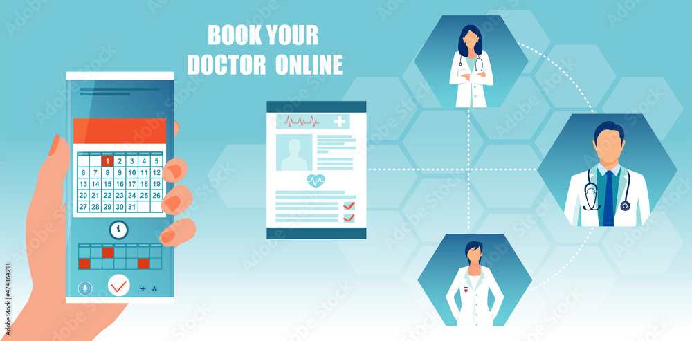 Vector of a patient booking his appointment with a doctor via mobile app.