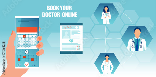Vector of a patient booking his appointment with a doctor via mobile app.
