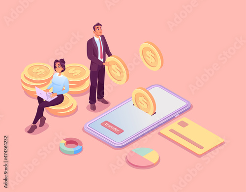 Vector of businesspeople using online money transfer payment, mobile banking app