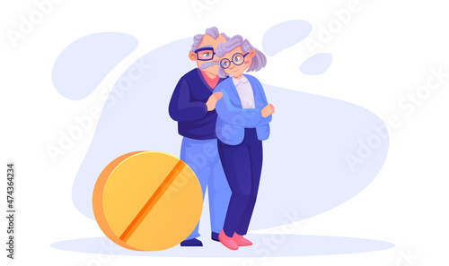 Vector of a happy senior couple standing near an yellow pill