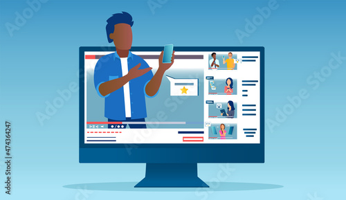 Vector of a man a blogger doing an online review of a modern smartphone on a video channel.
