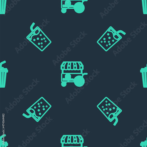 Set line Fast street food cart, Glass with water and on seamless pattern. Vector