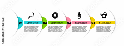 Set line Sickle, Garden hose or fire hose, Flower in pot and Watering can. Business infographic template. Vector