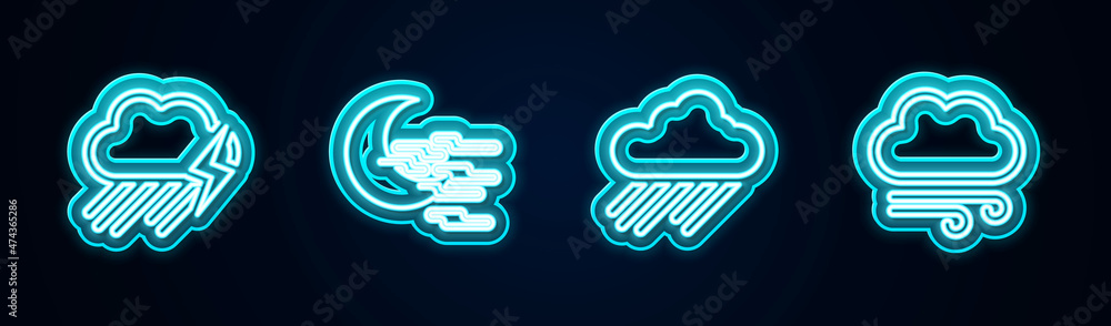 Set line Cloud with rain and lightning, Fog moon, and Windy weather. Glowing neon icon. Vector Set line Cloud with rain and lightning, Fog moon, and Windy weather. Glowing neon icon. Vector