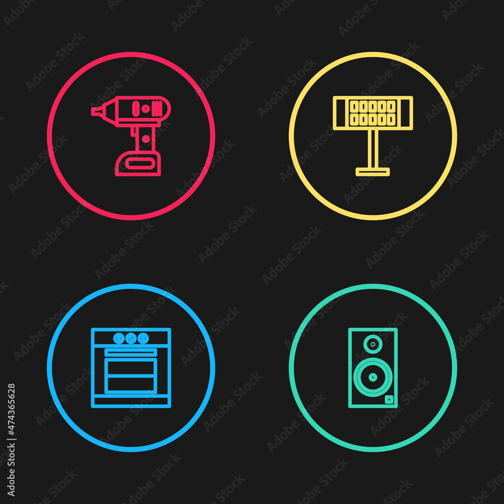 Set line Oven, Stereo speaker, Electric heater and cordless screwdriver icon. Vector