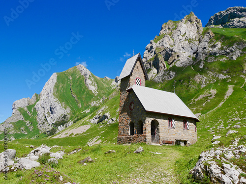 Stone church at Meglisalp in Alpstein, Appenzell, Switzerland. photo