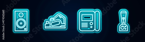 Set line Stereo speaker, Electric planer tool, House intercom system and Blender. Glowing neon icon. Vector
