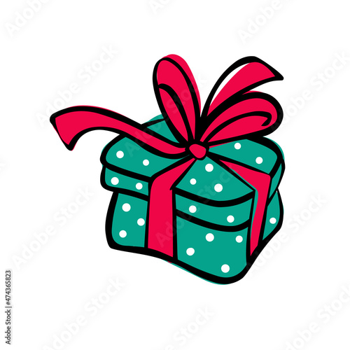 Gift box with ribbon bow isolated on white background. Emerald box with red bow and black outline. Holiday package for surprise, event celebration, birthday, Christmas. Vector illustration.