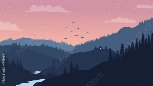 Beautiful mountains with pine trees and the river landscape at sundown background