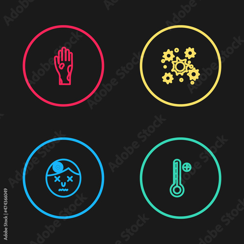 Set line Man having headache, Medical digital thermometer, Bacteria and Hand with psoriasis or eczema icon. Vector