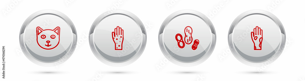 Set line Pet, Hand with psoriasis or eczema, Peanut and . Silver circle button. Vector Set line Pet, Hand with psoriasis or eczema, Peanut and . Silver circle button. Vector