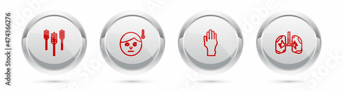 Set line Wheat, High human body temperature, Hand with psoriasis or eczema and Lungs. Silver circle button. Vector