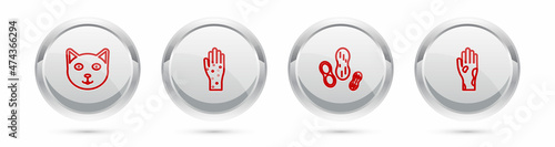 Set line Pet, Hand with psoriasis or eczema, Peanut and . Silver circle button. Vector