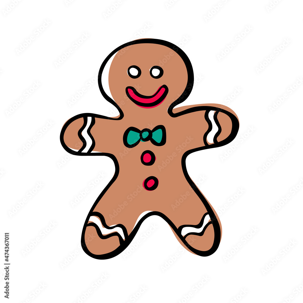 Fototapeta premium Christmas gingerbread man cookies in flat style isolated on white background. Holiday cookies in the shape of a man with a black outline. Drawn by hand as a sketch. Vector Christmas symbol.