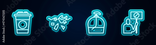 Set line Paper glass, Problem of pollution planet, Bottle liquid soap and Nature saving protest. Glowing neon icon. Vector