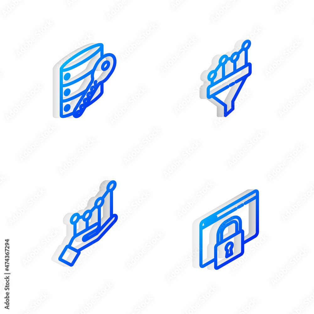 Set Isometric line Sales funnel with chart, Server security key, Pie infographic and Secure your site HTTPS, SSL icon. Vector Set Isometric line Sales funnel with chart, Server security key, Pie infographic and Secure your site HTTPS, SSL icon. Vector