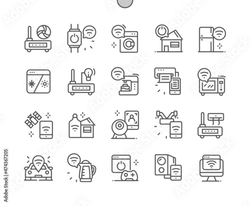 Internet of things. Control of smart appliances. Wi-Fi router. Smart house. Connection, innovation and technology. Pixel Perfect Vector Thin Line Icons. Simple Minimal Pictogram