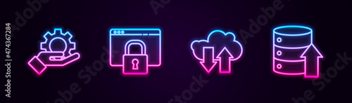 Set line Hand settings gear, Secure your site with HTTPS, SSL, Cloud download upload and Server, Data, Web Hosting. Glowing neon icon. Vector