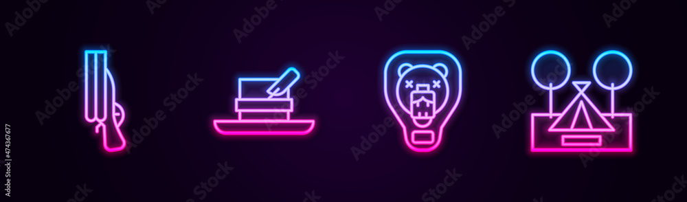 Set line Shotgun, Hunter hat with feather, Bear head on shield and Tourist tent. Glowing neon icon. Vector Set line Shotgun, Hunter hat with feather, Bear head on shield and Tourist tent. Glowing neon icon. Vector