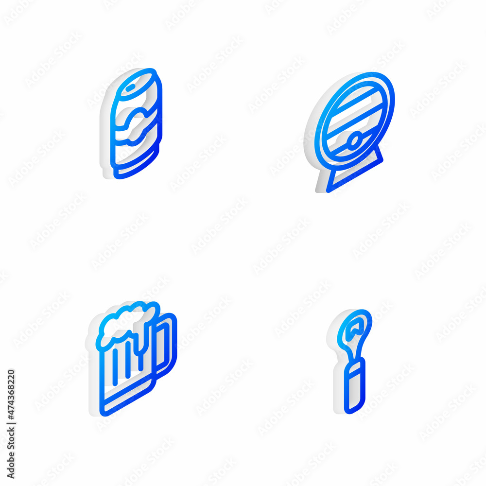 Set Isometric line Wooden barrel on rack, Beer can, beer mug and Bottle opener icon. Vector Set Isometric line Wooden barrel on rack, Beer can, beer mug and Bottle opener icon. Vector