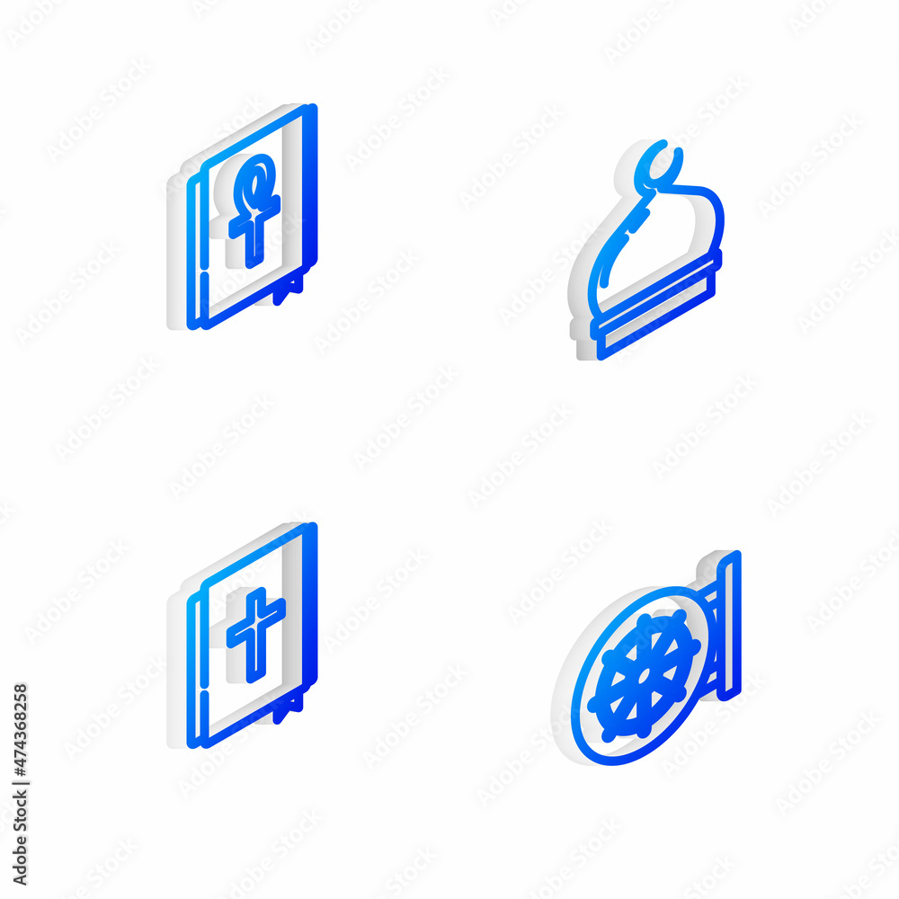 Set Isometric line Muslim Mosque, Cross ankh book, Holy bible and Dharma wheel icon. Vector